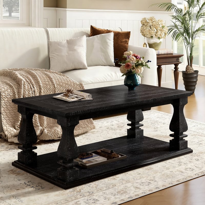 Farmhouse 47.24" Coffee Table with Heavy Planked Top and Storage for Rustic Living Room Style