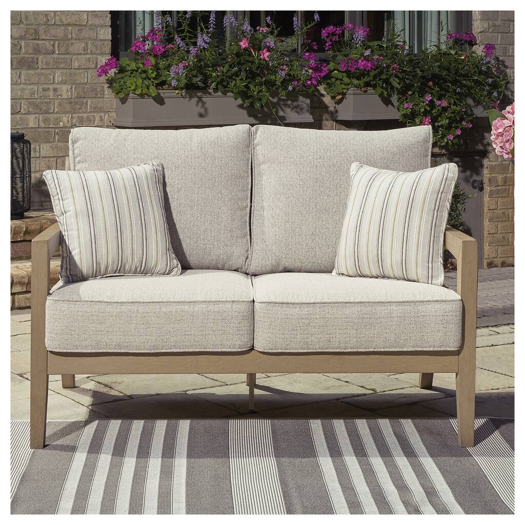 Signature Design by Ashley Hallow Creek Driftwood Outdoor Loveseat with Cushion - 52" W x 36.5" D x 37" H