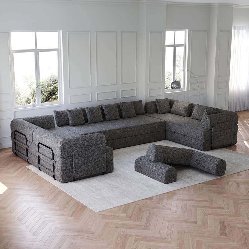 Anmytek 78.7" Chenille Convertible Sleeper Sofa Bed - 3PCS with Cylindrical Pillow & Side Pocket - Grey