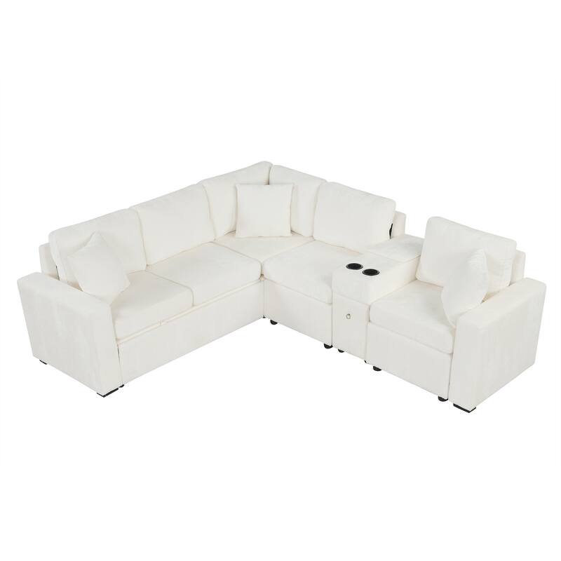 L-Shaped Modular Sectional Sofa with Pull-Out Bed, Chenille Convertible Sleeper Sofa Bed with Cup Holders & Multiple Storage