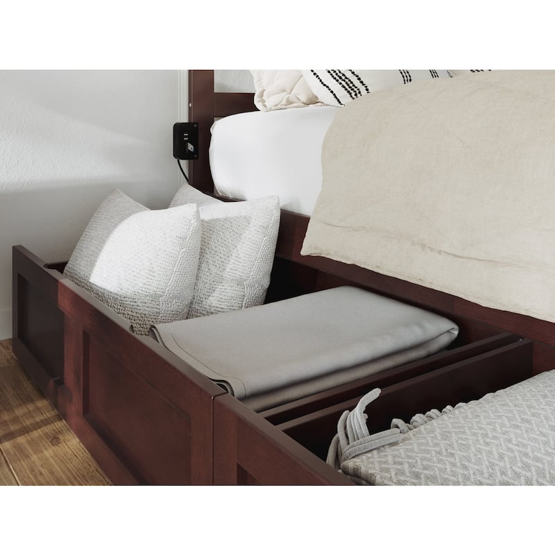Platform Bed with Drawers, Full Size Bed Frame, Solid Wood & Veneer, Walnut Finish, Modern Bedroom Furniture