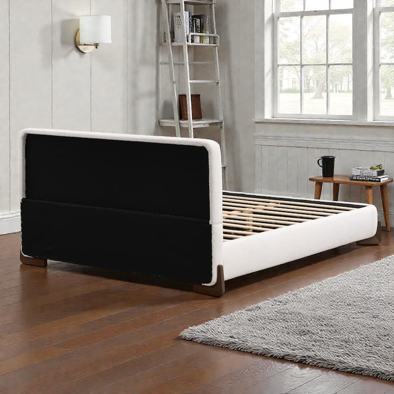 Boucle Upholstered Bed with Solid Wood Legs, Modern Queen/King Platform Bed, Soft Fabric Bedroom Centerpiece