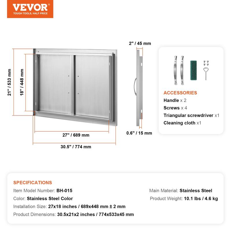 VEVOR Stainless Steel Outdoor Kitchen Access Door, 30W x 21H Inch