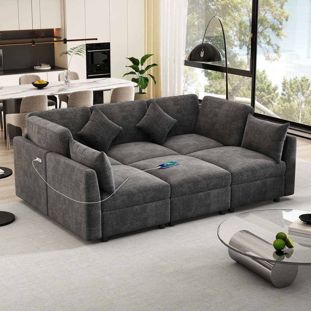GDFStudio 85" U-shaped Sectional Modular Sofa Bed (L-shaped Sofa with a Movable Ottoman)