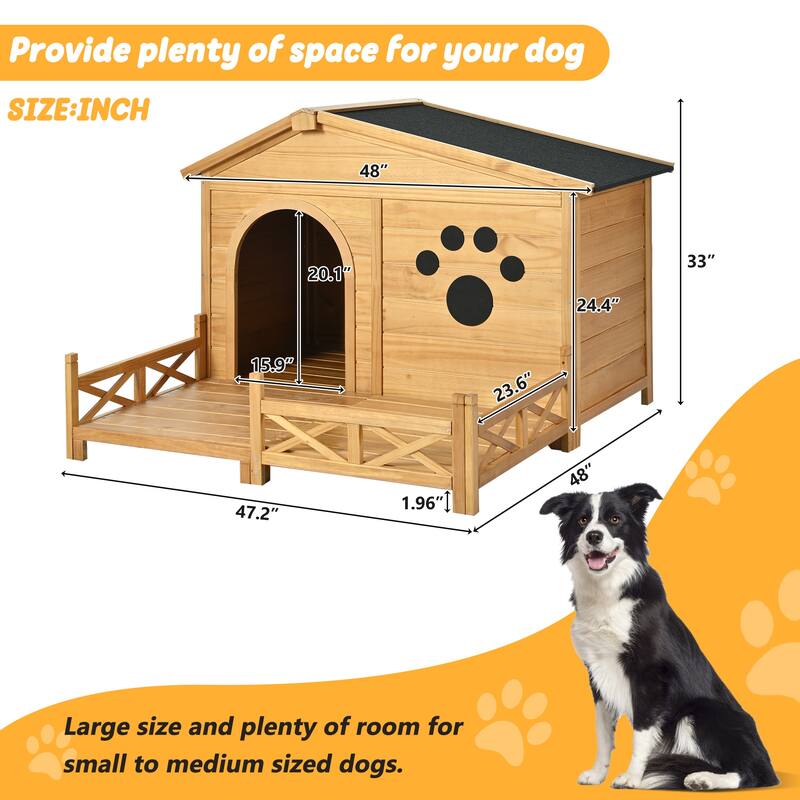 48" Wooden Dog House with Porch, Dog Kennel with Water-Resistant Asphalt Roof and Fencing, Dog Crate with Paw Print, Medium