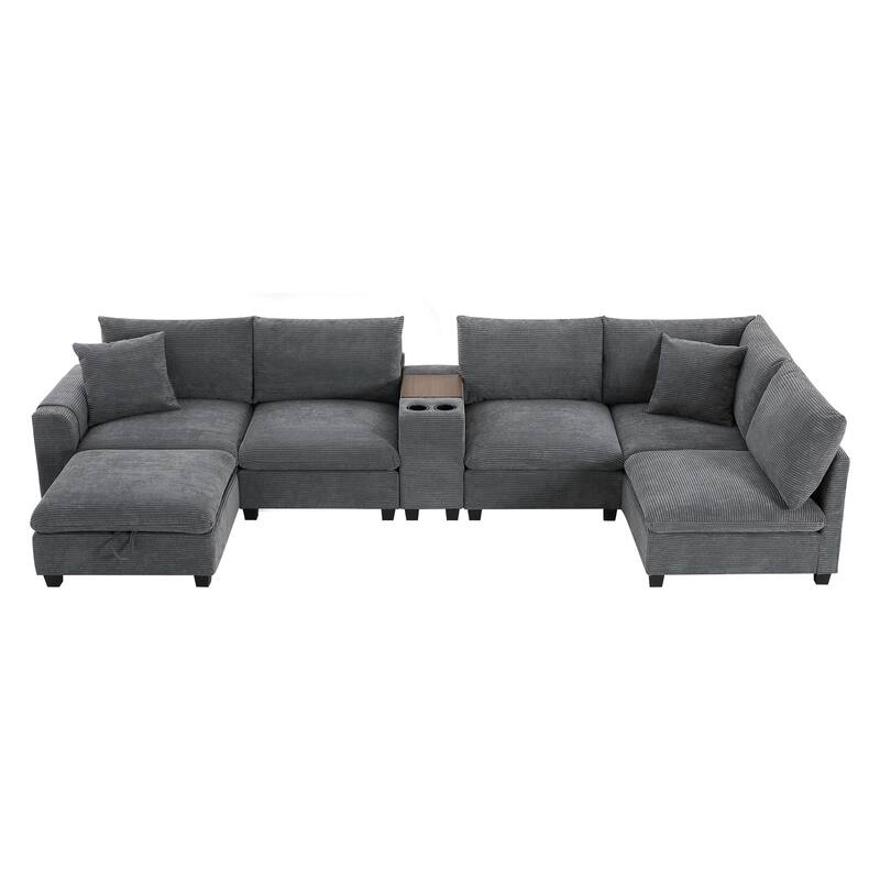 140" Corduroy U-Shaped Modular Sectional Sofa with Storage & USB