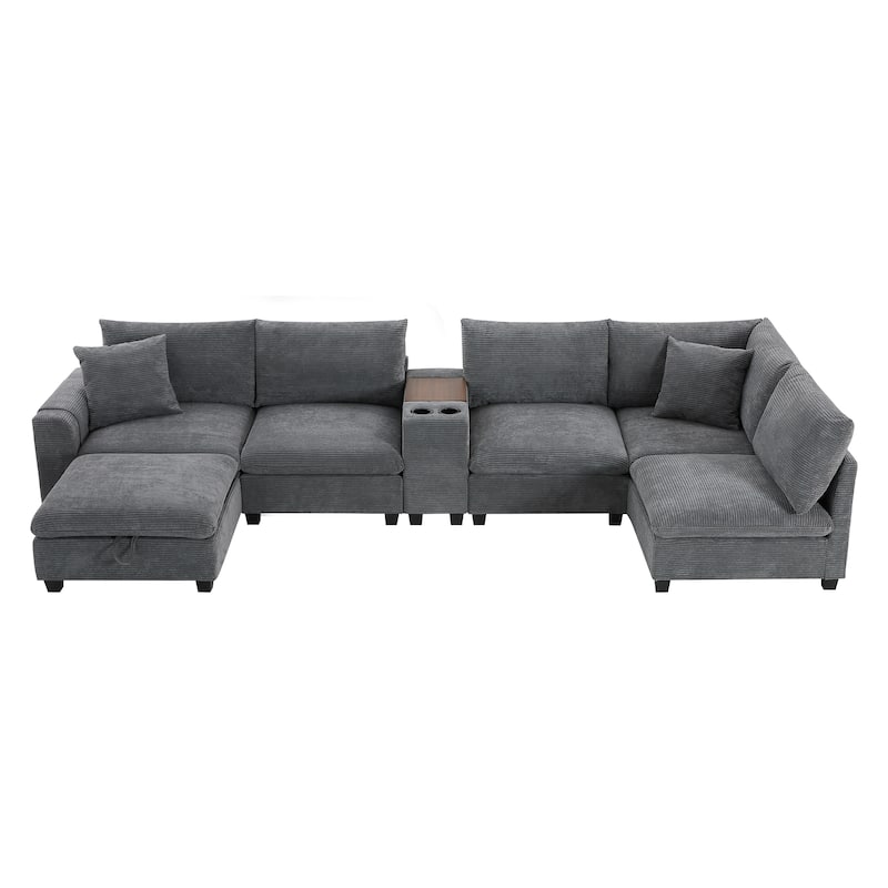 U-Shaped Chenille Upholstered Storage Sofa w/ Ottoman, Cup Holder, USB