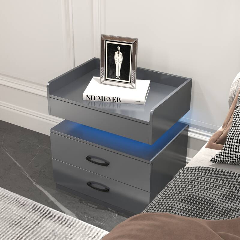 2-drawers Nightstand with Adjustable LED Strip Light for Large Space