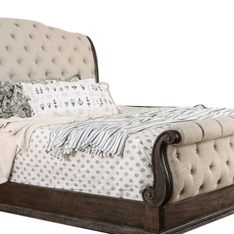 Queen Size Bed with Fabric Upholstery, Beige and Brown