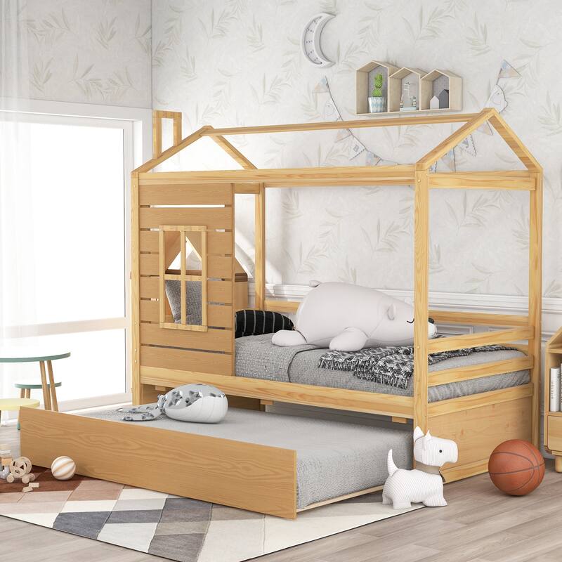 Twin House Bed with Twin Trundle, Wooden Bed for Kids with Guardrails, Playhouse Design, Easy Assembly