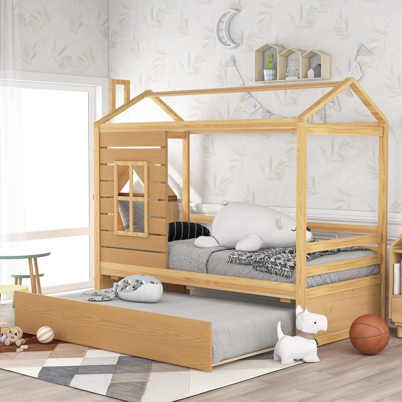 Twin Pine House Bed with Trundle, Guardrail, and Window