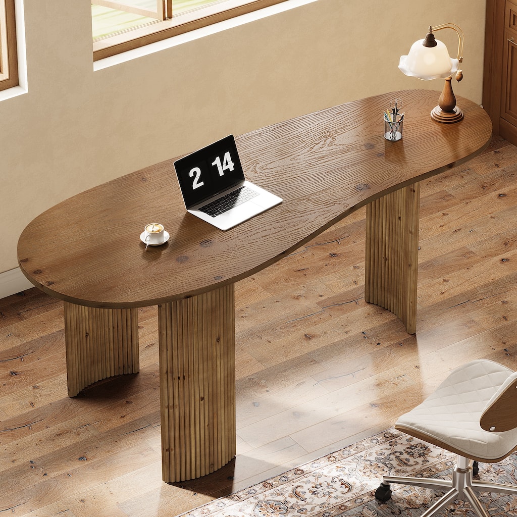 Solid Wood Executive Desk, Curved Small Computer Desk with Sturdy Fluted Legs