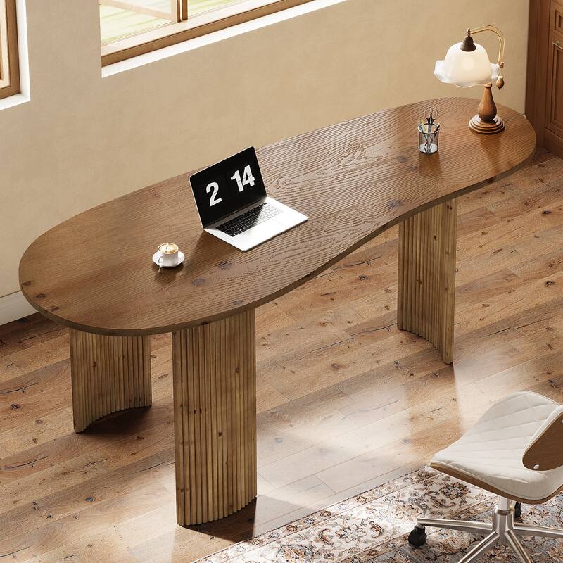 Solid Wood Executive Desk, Curved Small Computer Desk with Sturdy Fluted Legs - Vintage Brown