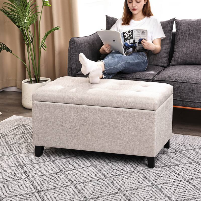Adeco Rectangular Storage Ottoman Faux Leather Bench Lift-top Footrest
