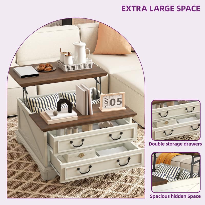 Moasis Farmhouse Lift Top Coffee Table w/2 Drawers Hidden Compartment and Storage, Square/Rectangular