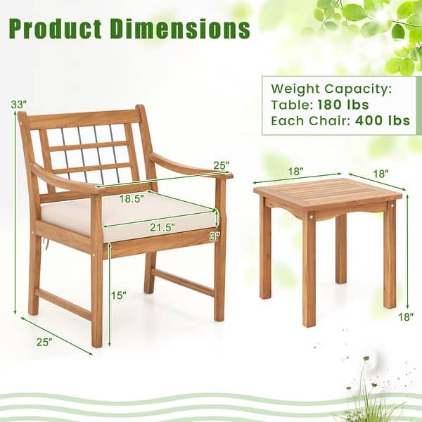 3 Piece Wooden Patio Furniture Set with Ergonomic Backrest and Curved Armrests - 25" x 25" x 33"