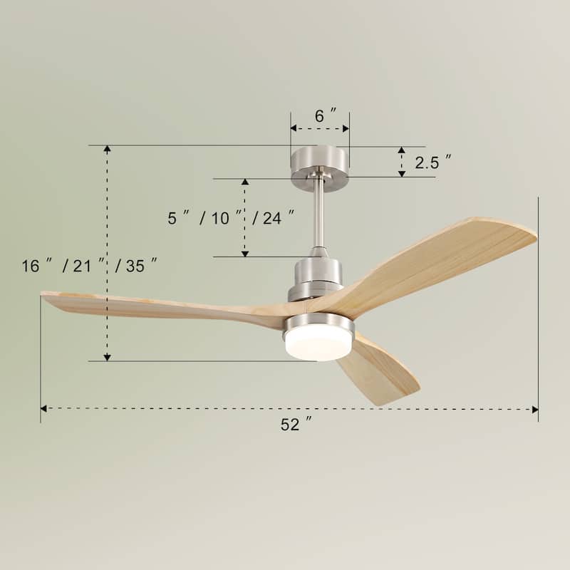 52 Inch Smart Ceiling Fan with Sand Nickel Finish 3 Natural Wood Blades LED 18W Triple Color Dimmable Memory Lighting