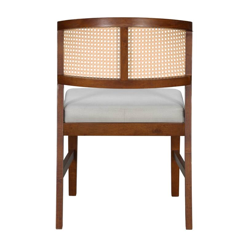 Set of 2 Rattan Dining Chairs - Fabric Upholstered Seat, Curved Rattan Back & Hardwood Frame, Armless