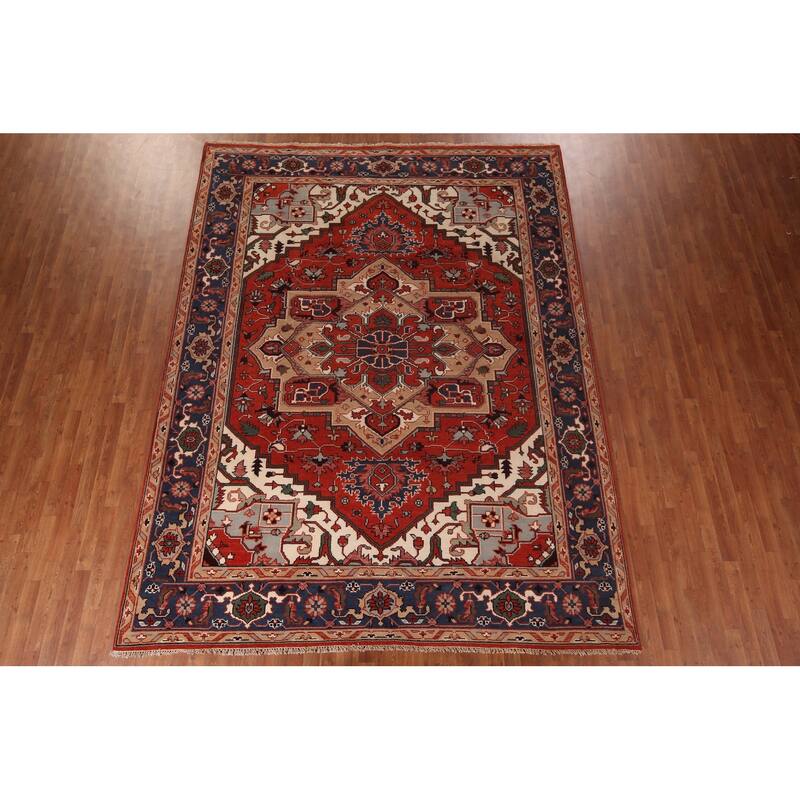 Orange Geometric Heriz Serapi Indian Area Rug Hand-Knotted Wool Carpet - 9'0"x 11'9"