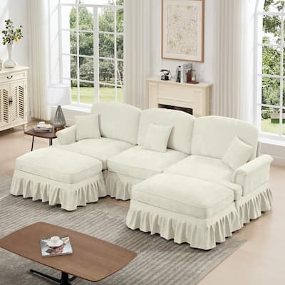 U-shaped Classic Modular Comfy Sectional Sofa with Ottomans & Ruffles Pleats Skirts