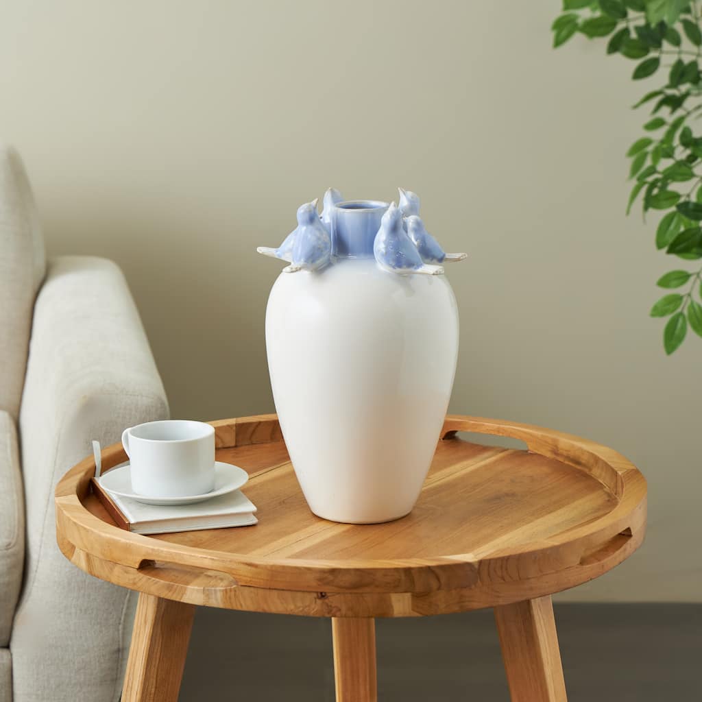 White Ceramic Bird Decorative Vase with Blue Accents
