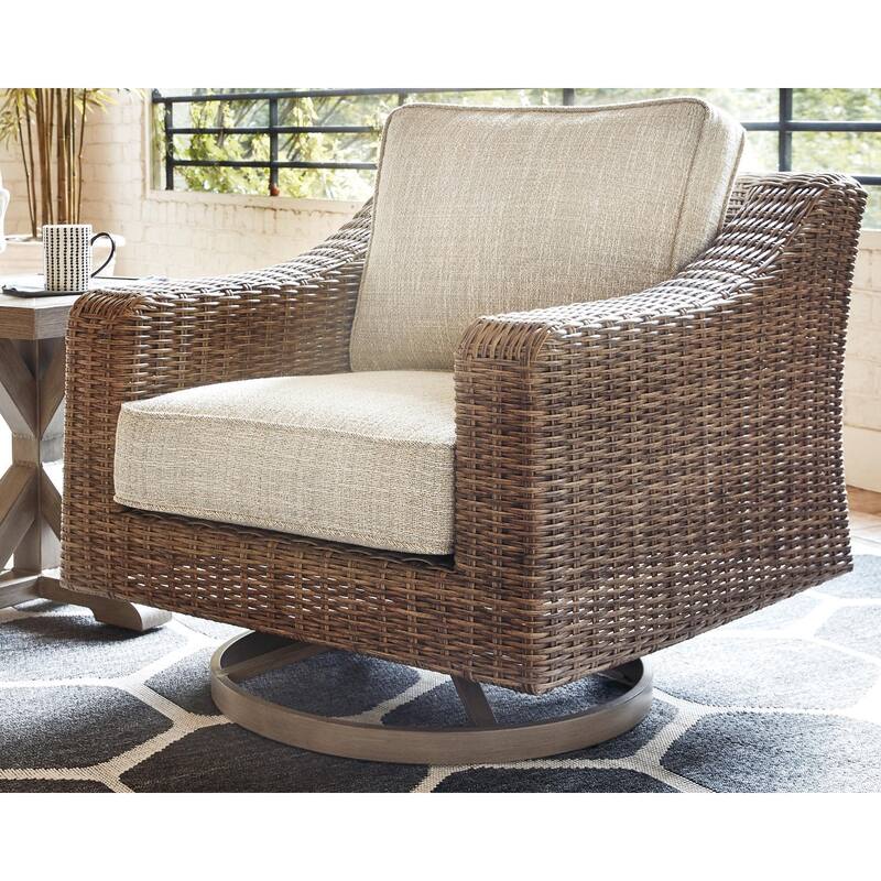 Signature Design by Ashley Beachcroft Hand-woven Wicker-look Swivel Chair - 35.38" W x 38.13" D x 34" H - Beige