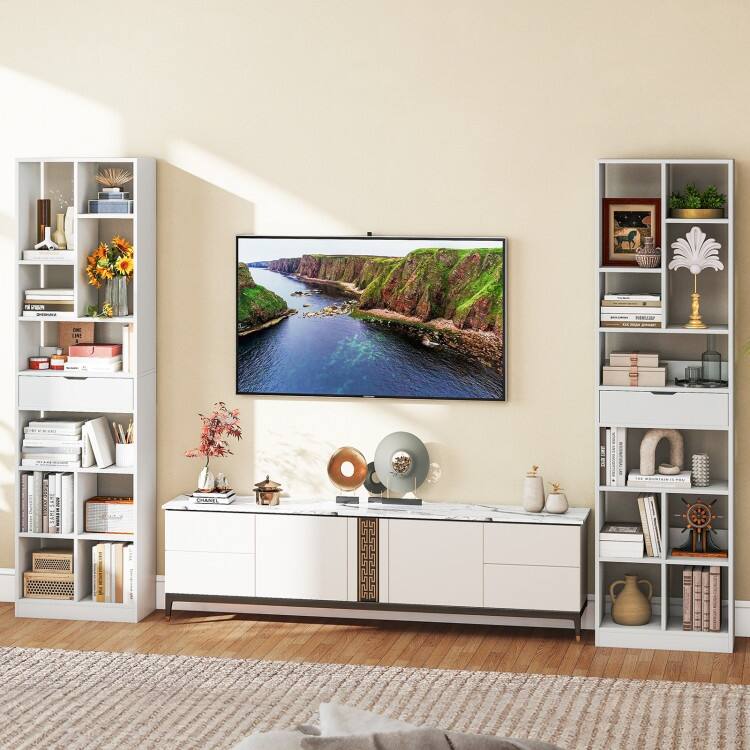 7 Tier White Engineered Wood 10-Cube Bookcase with Drawer and Anti-Tip Safety - 19.5" x 9.5" x 71"