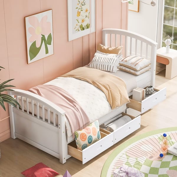 Solid wood Twin Size Platform Storage Bed with 6 Drawers, Solid Wood Slat  Support, with Headboard, Safey Rail for Kids - Bed Bath & Beyond - 37386104