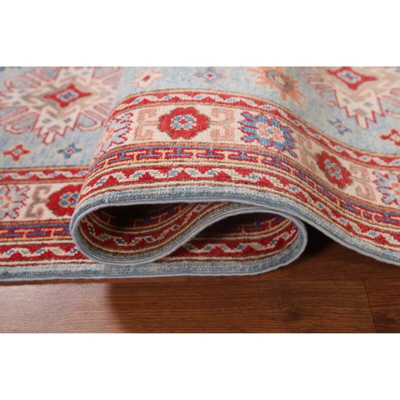Light Blue Geometric Kazak Runner Rug Hand-Knotted Wool Carpet - 2'8" x 6'6"