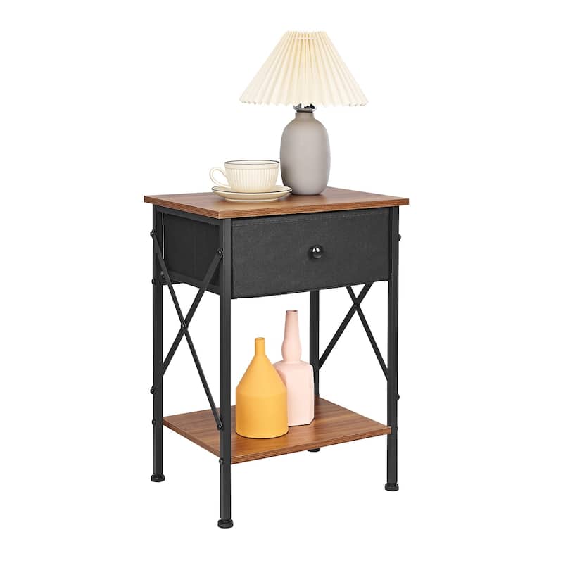 VECELO X Frame Nightstand with Removable Fabric Drawer Easy to Clean Nightstand Multifunctional End Table with Open Shelf - Brown