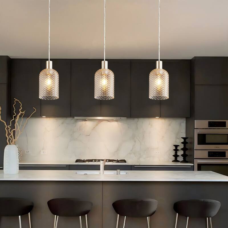 1/3-Light Modern Glam Bell-Shaped Adjustable Island Pendant Light with Clear/Blue/Amber Textured Glass