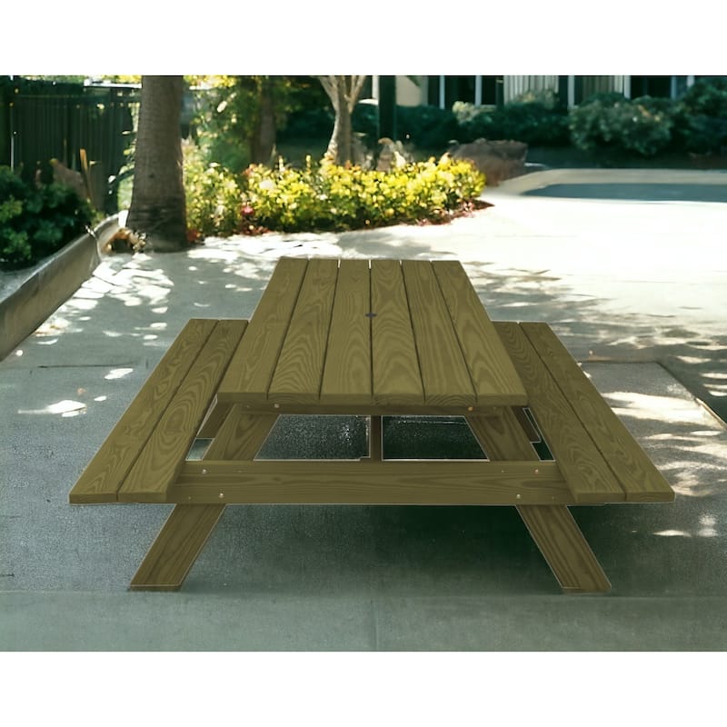 HomeRoots 94" Green Solid Wood Outdoor Picnic Table with Umbrella Hole - Green