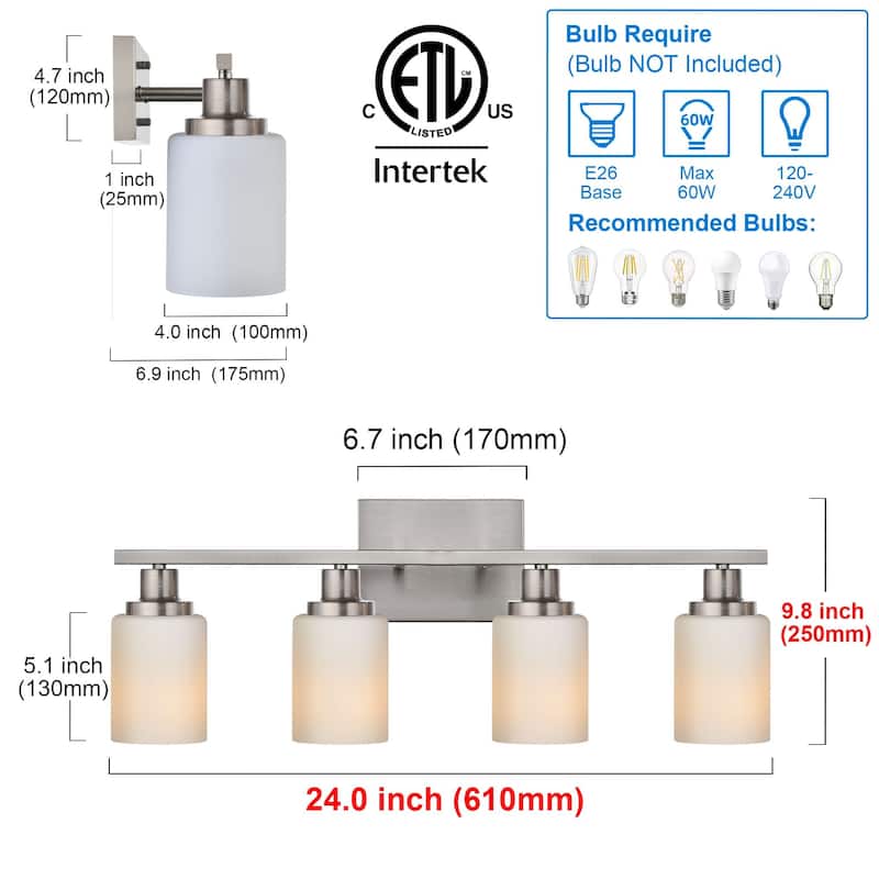 4-Light Bathroom Light Fixtures Brushed Brass 6-Light Bathroom Vanity Light, Bathroom Lights Over Mirror with Milky Glass Shade