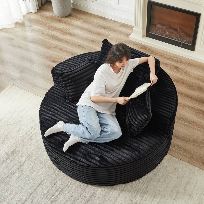 Oversized Round Chaise Lounge Corduroy Upholstered Single Sofa Chair with Cylindrical Neck Pillow and Integrated Backrest