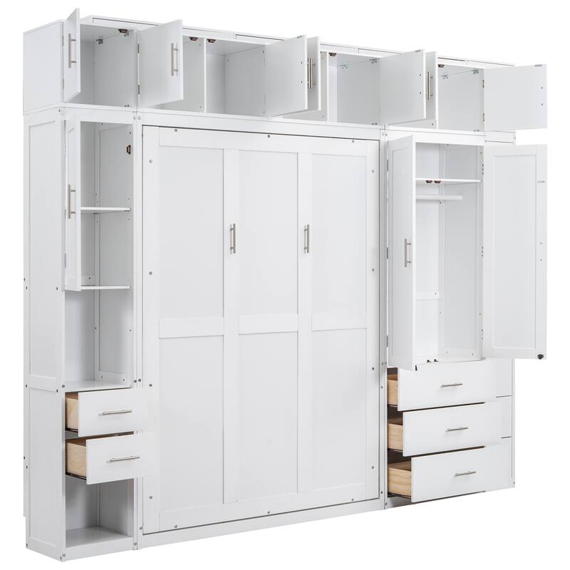Space-Saving Full Size Murphy Bed with Storage Lockers & Wardrobes, White