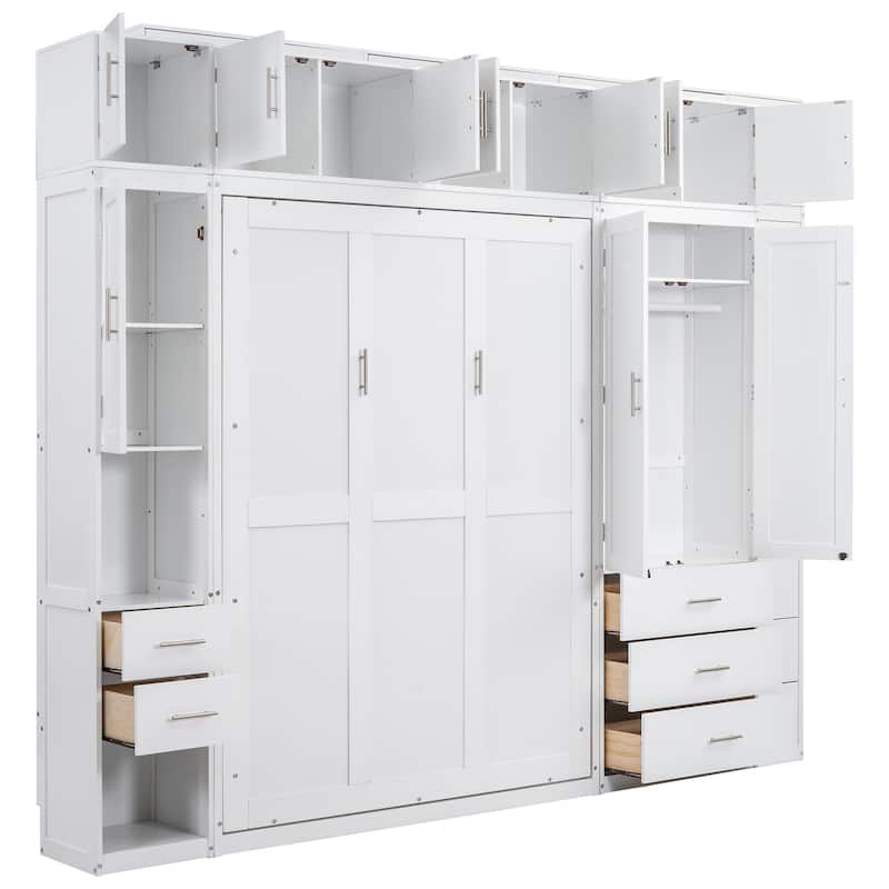 Twin/Full Hidden Murphy Bed Cabinet with Storage Shelves & Drawers, Wooden Folding Wall Bed Chest Frame with Lockers & Wardrobes