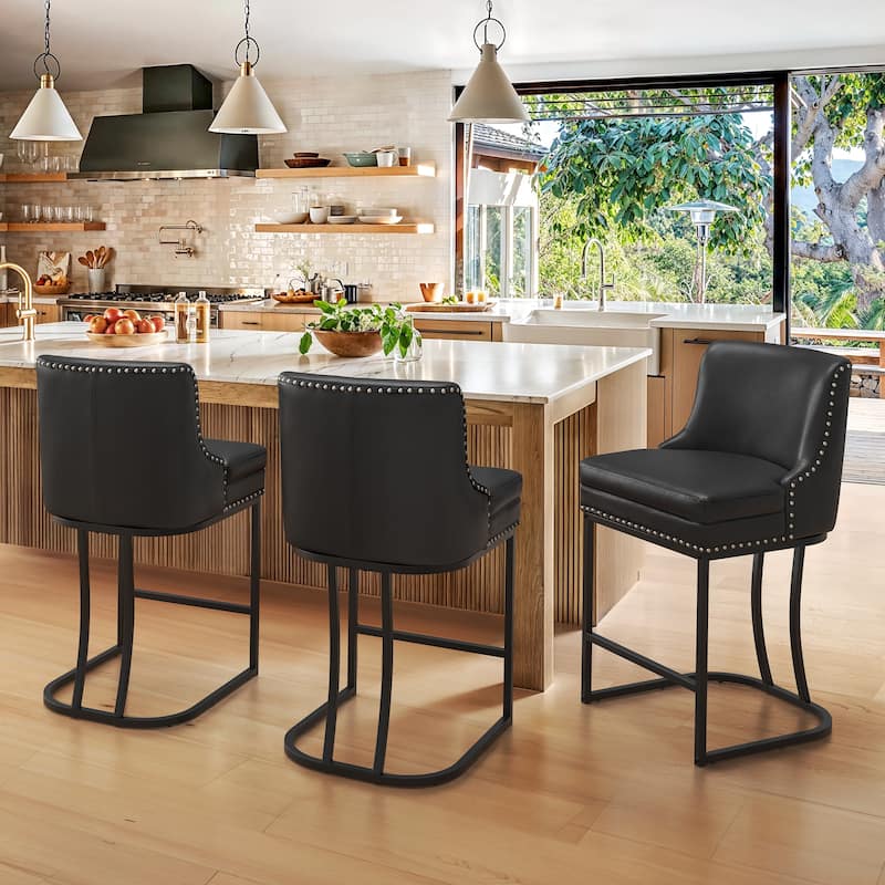 Modern 26" Barstool with Back Metal Frame Stool Counter Height Bar Stools and 6" Thick Cushion for Kitchen Island - Black/Faux Leather - Set of 3