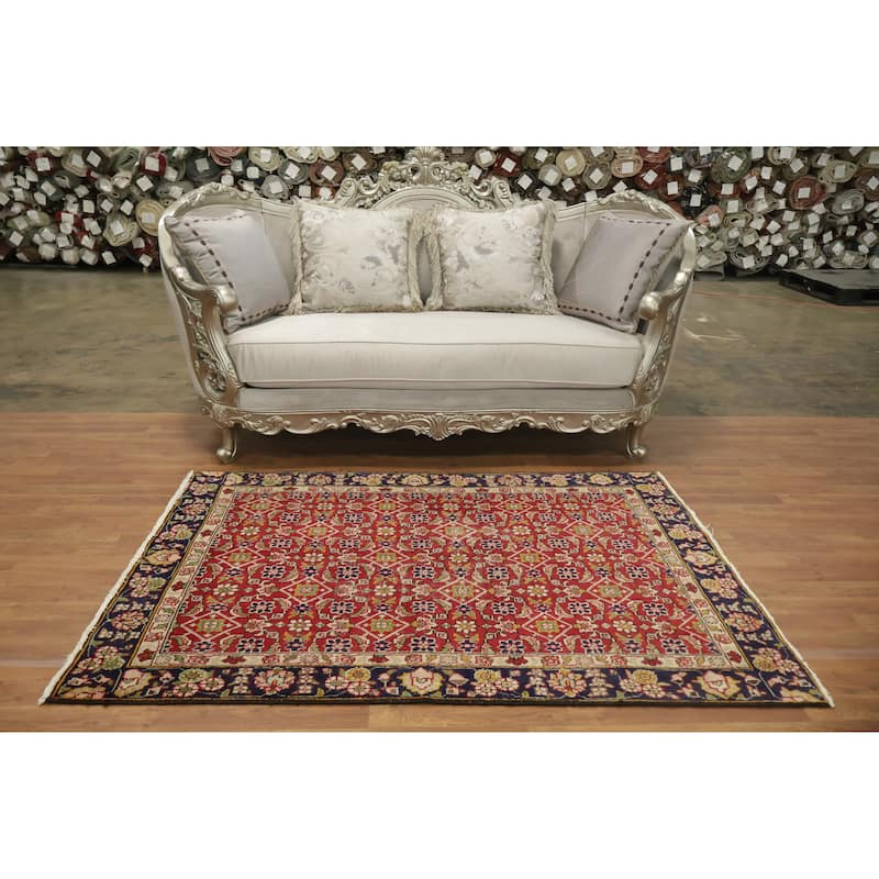 Hand Knotted Oriental 100% Wool Carpet Traditional All-Over Red Tabriz Area Rug - 5' 10'' X 4' 1''