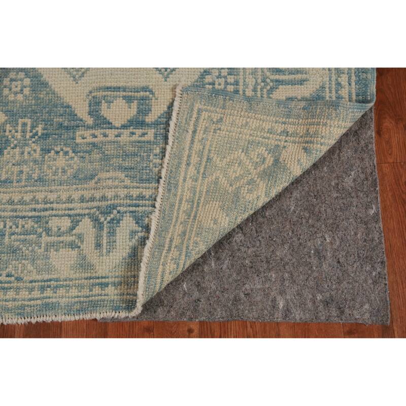 Hand Knotted Oriental 100% Wool Carpet Transitional Geometric Navy Blue & Blues Oushak Runner Rug - 14' 2'' X 3' 1''
