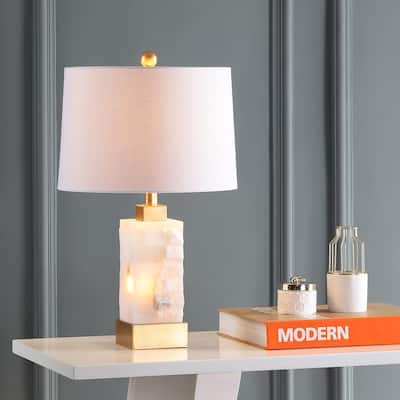 Eliza 23" Alabaster/Metal LED Table Lamp, White/Gold Leaf by JONATHAN Y