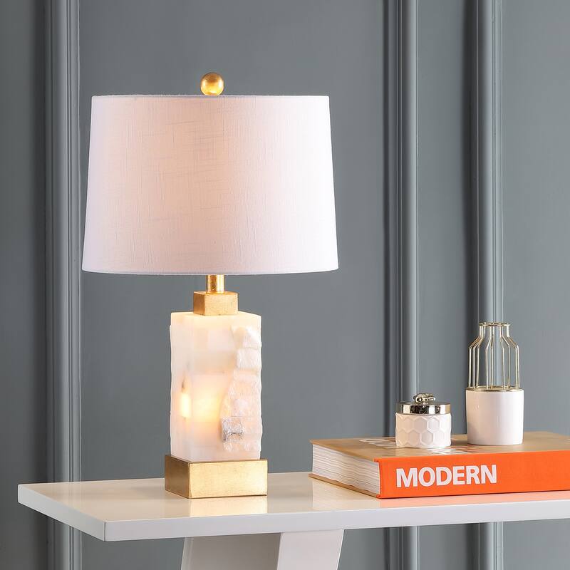 Eliza 23" Alabaster/Metal LED Table Lamp, White/Gold Leaf by JONATHAN Y