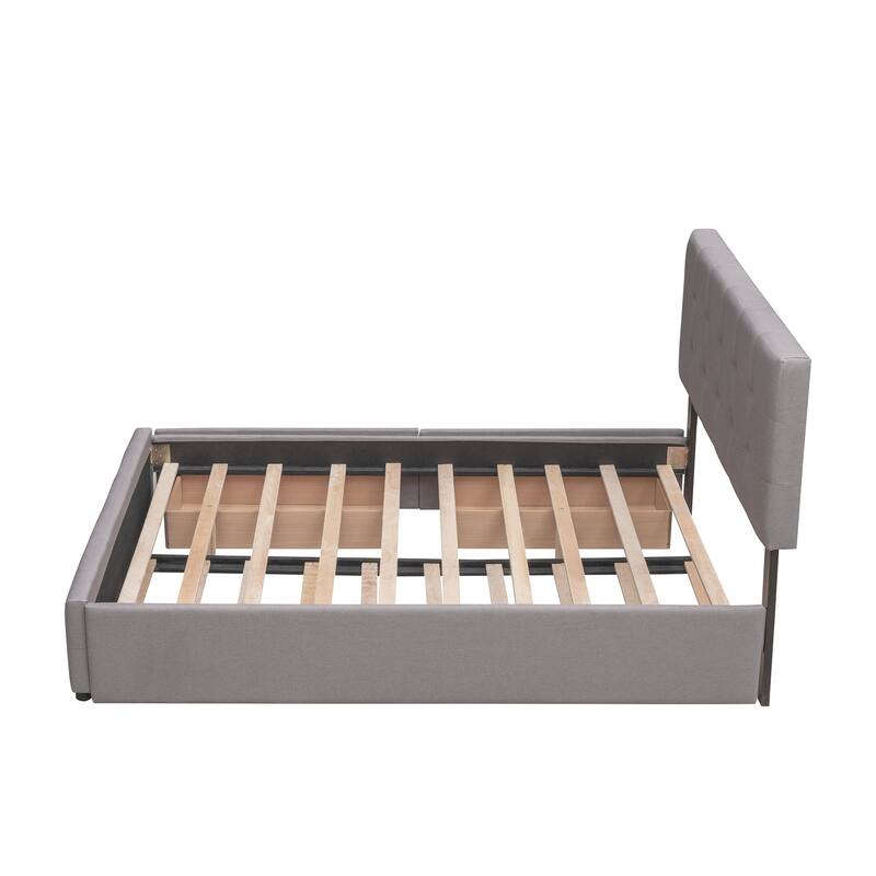 Upholstered Platform Bed with 2 Drawers and Twin XL Trundle, Linen Fabric, Queen Size