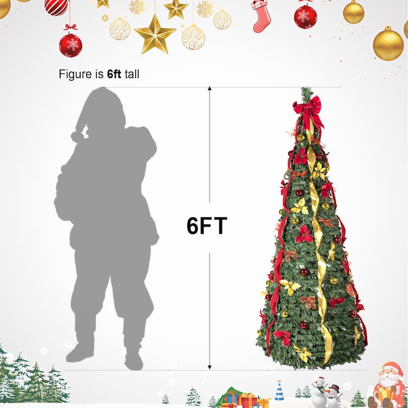 7.5FT Pop-Up Christmas Tree with 200 Warm White UL Lights-Pre-Decorated with Red & Gold Ornaments, Flowers, Ribbons & Bows