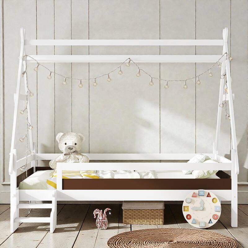 Twin/Full House Platform Bed with Stairs, Solid Wood Low Profile Kids Bed Frame, Fun Playhouse Design for Children