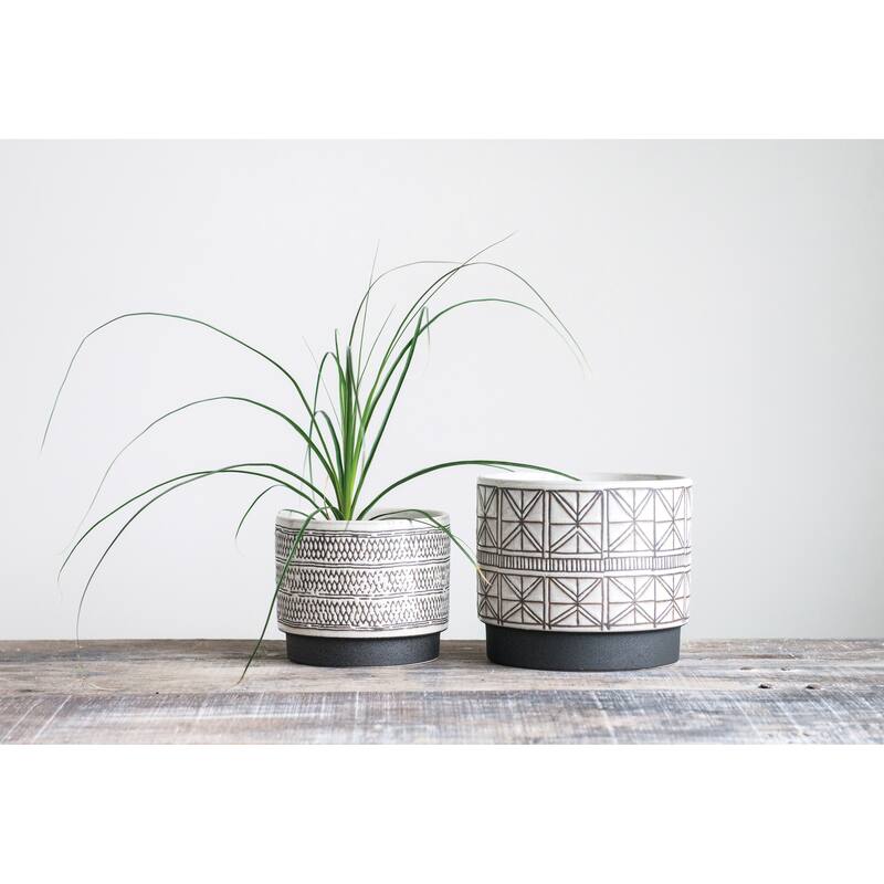Decorative Stoneware Planters with Geometric Lines - White