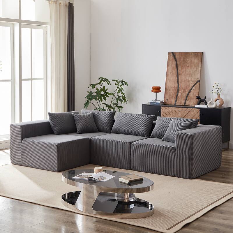 Corduroy Convertible Sectional Cloud Sofa, Foam-Filled Compressed Boneless Sofa, Modular L Shaped Floor 4 Seat Sofa