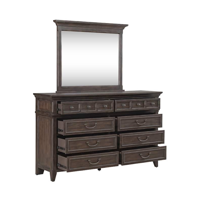 Paradise Valley Saddle Brown Panel Bed, Dresser and Mirror, & Nightstand