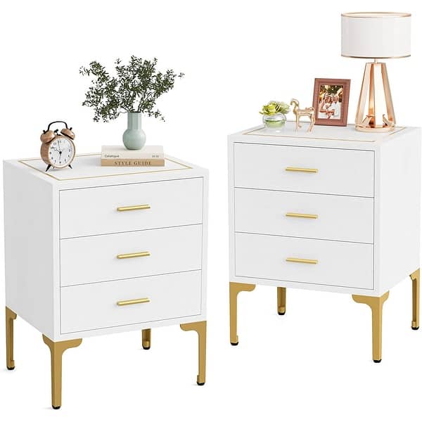 Modern Nightstand with 3 Drawers, White Gold Bedside Table for Bedroom