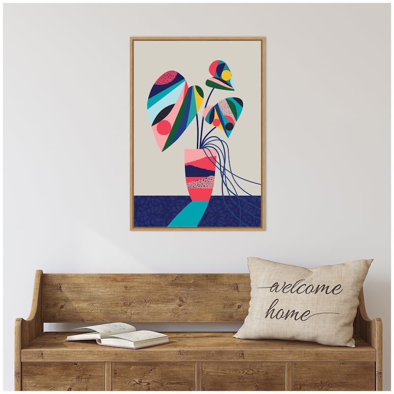 Kate and Laurel Sylvie MCM Blue and Pink Monstera Framed Canvas by Rachel Lee