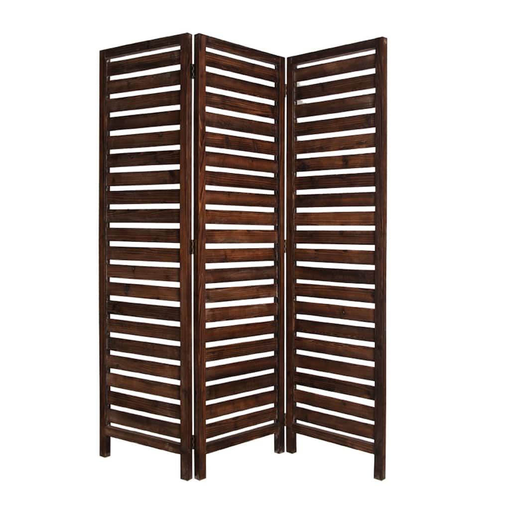 3 Panel Foldable Wooden Screen with Louver Pattern, Dark Brown